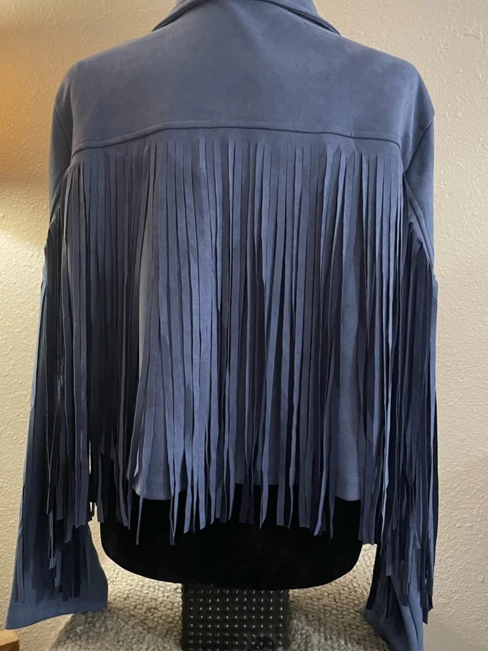 Blue Fringe Faux  Suede Jacket - Women - Picture 3 of 9